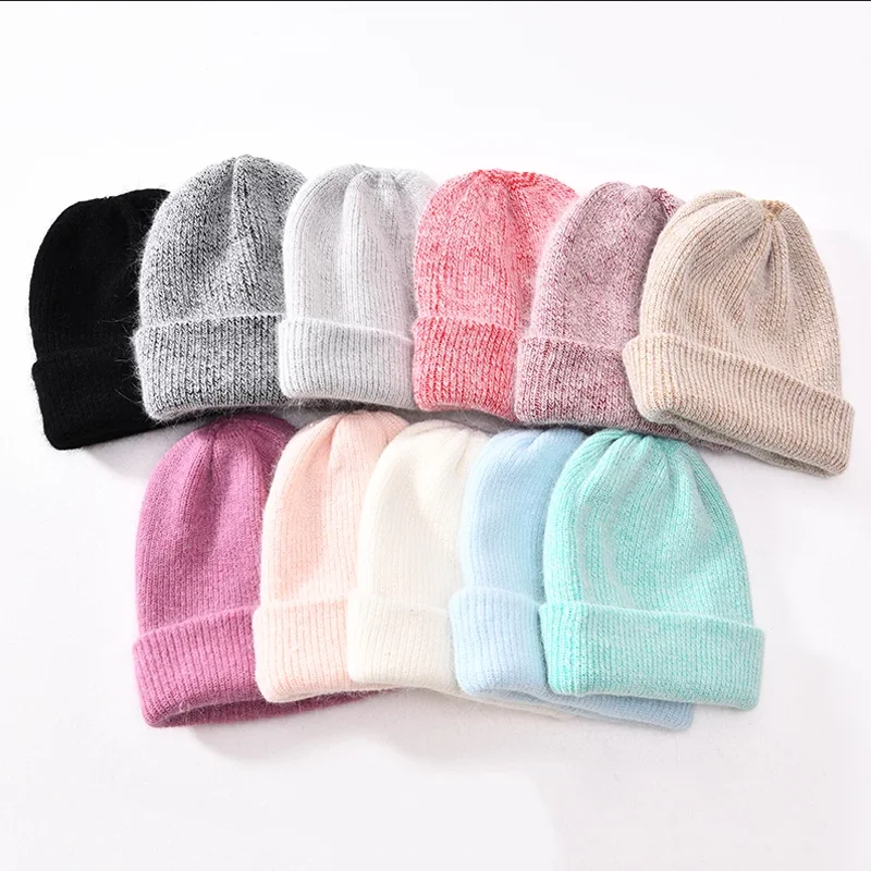 

2021 New Winter Hat for Women Rabbit Cashmere Knitted Beanies Thick Warm Vogue Ladies Wool Angora Hat Female Beanie Hats