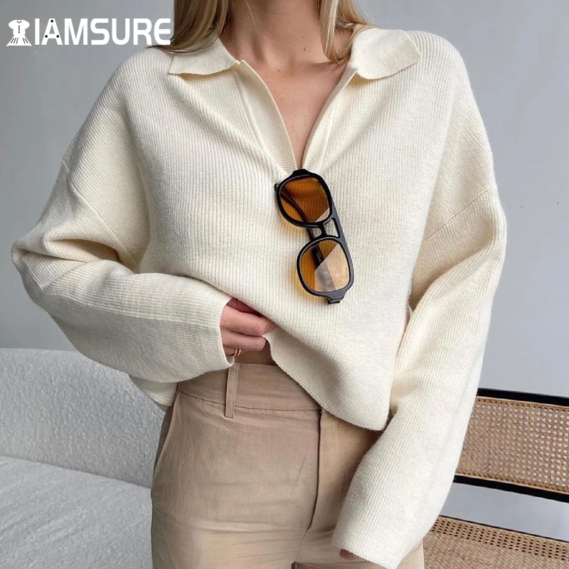 

Повседневный вязаный свитер IAMSURE, Осенний свободный однотонный пуловер с длинным рукавом и отложным воротником, женские топы для офиса 2021