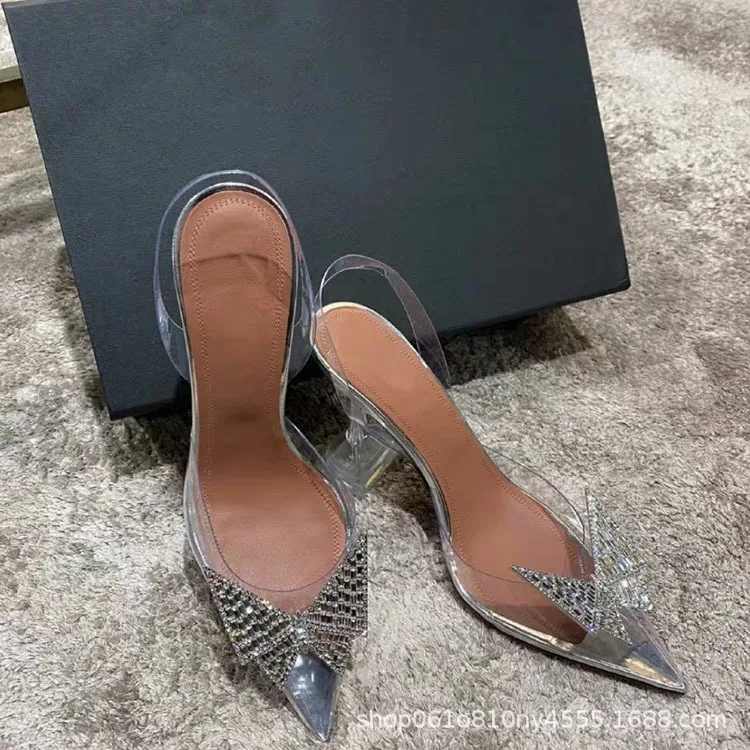 

Crystal high heels women's Diamond Butterfly transparent PVC thin heel hollow sandals women's large shoes