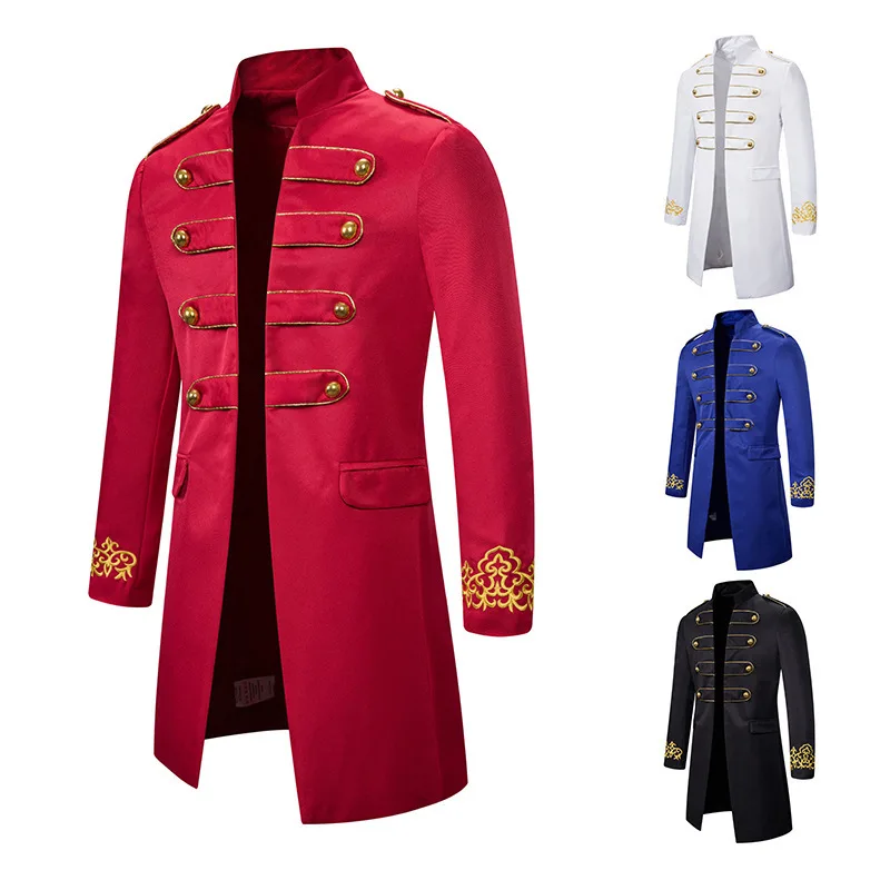 

Medieval Retro Jacket Men's Costume Vintage Trench Coat Wristband Embroidery Stand Collar Windbreaker Royal Long Coat