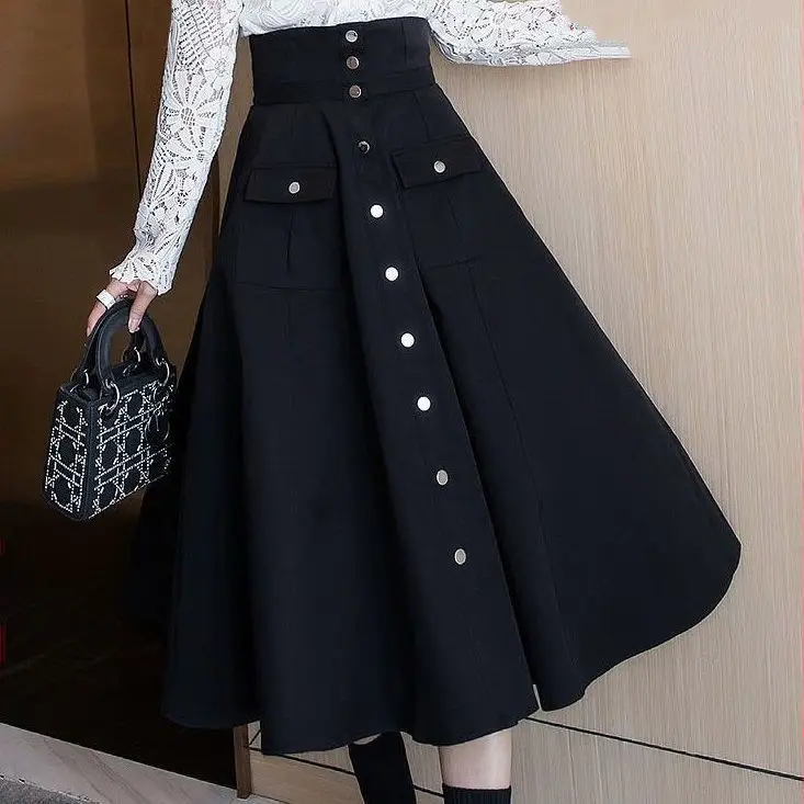 

Vintage Black Single Breasted High Waist A Line Long Skirt For Women Summer Autumn Streetwear Ladies Chic Slim Waist Midi Skirt