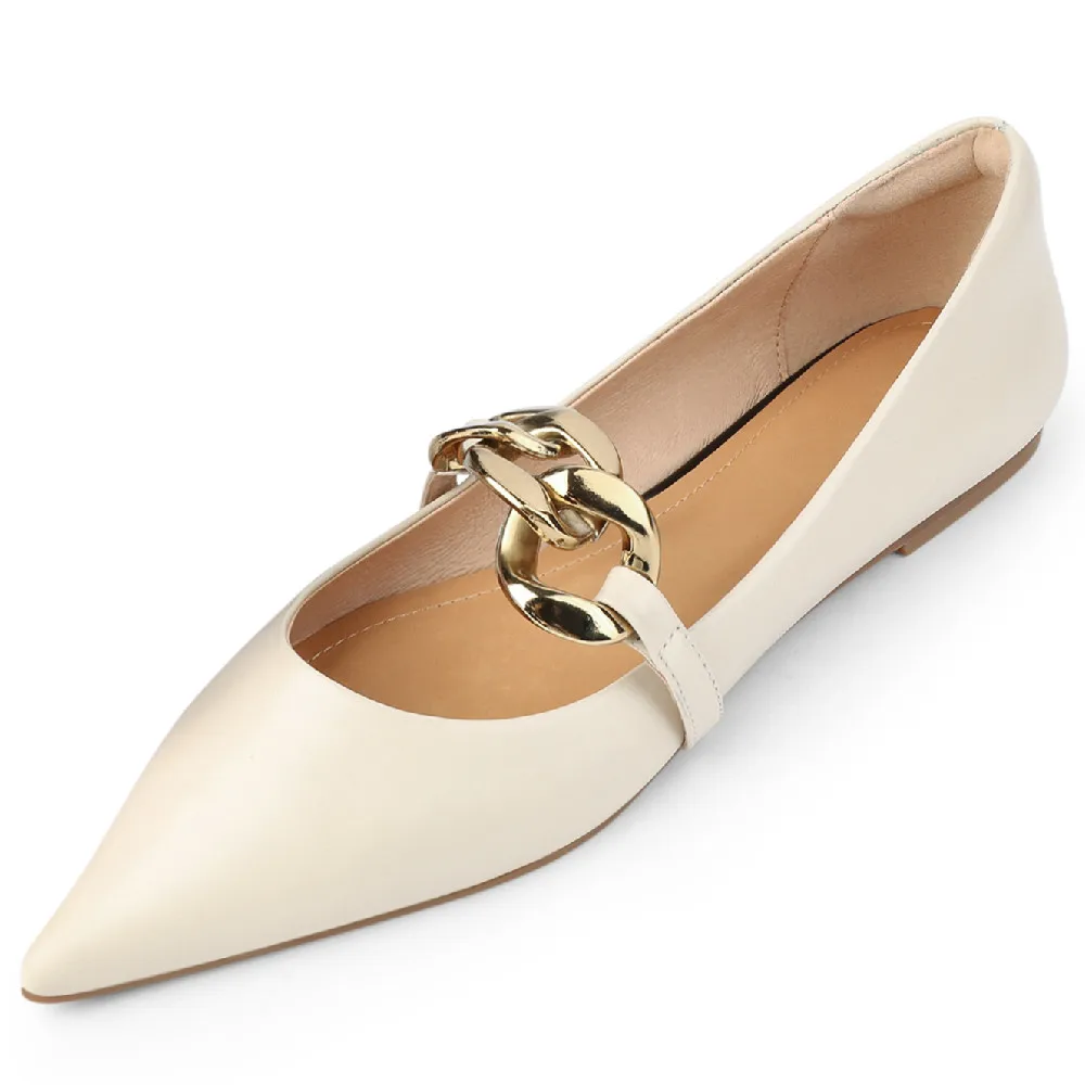 

Women's genuine leather pointed toe slip-on flats single shoes big chain decoration casual female soft comfortable daily shoes