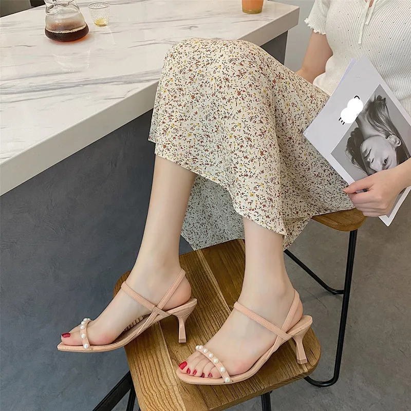

Pearl Sandals Comfort Shoes for Women 2021 Summer Strappy Heels Suit Female Beige Elastic Band Stiletto New Fashion Retro Blac