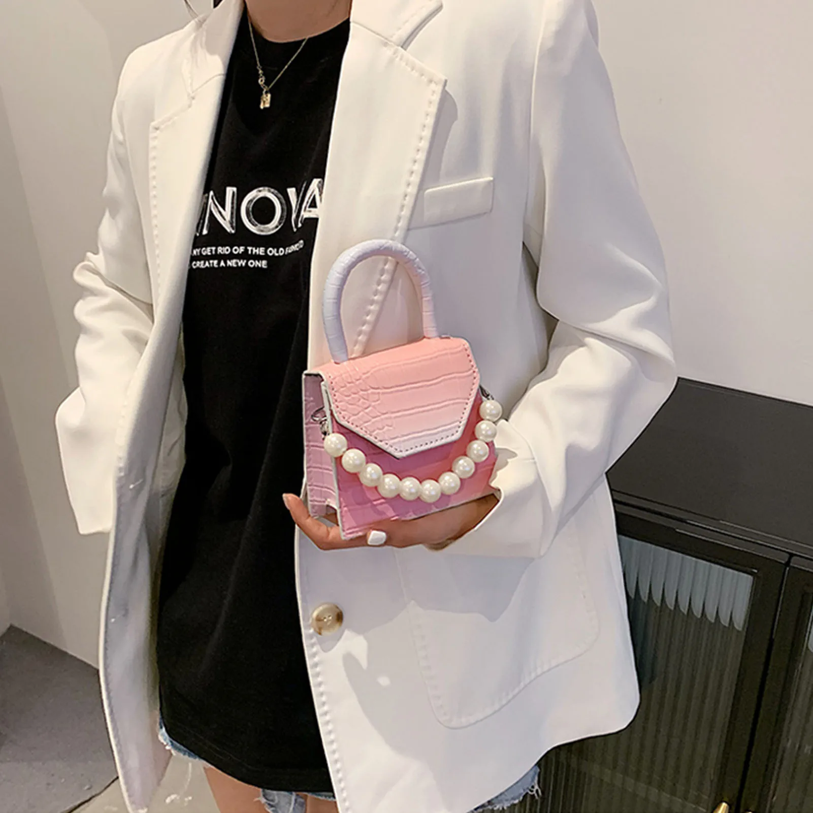 

lady PU Shoulder Bag Rainbow Gradient color Purse Mobile Phone Coin key Small Bag Pearl chain decor Girl fashion handbag