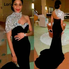 Lorie 2021 One Shoulder Black Formal Evening Dress Mermaid Satin Crystal Beaded Short Sleeves Prom Gowns Party Dresses Long (2)