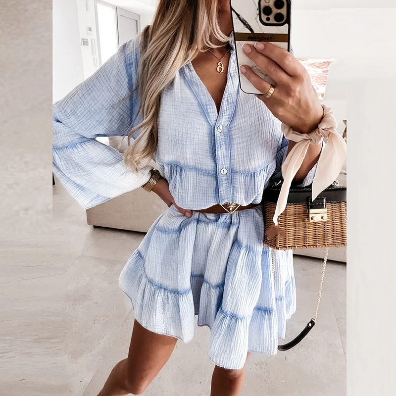 

2021 Women Sexy V Neck Button Mini Dress Fashion Elegant Long Sleeve Party Dress Casual Spring Summer Solid Lady Ruffle Dresses