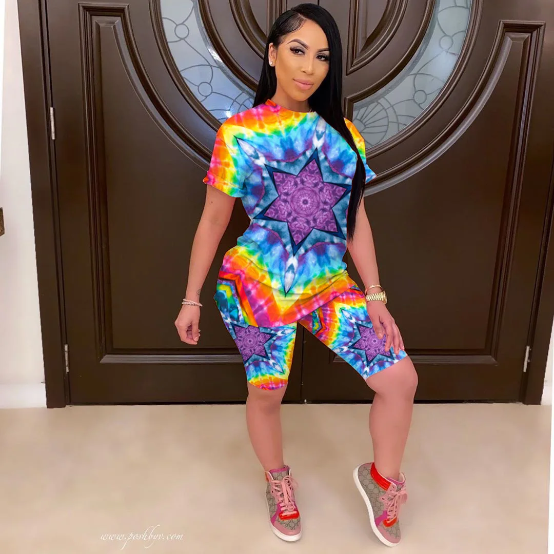 Женский летний спортивный костюм Tie Dye комплект из двух предметов короткий топ на