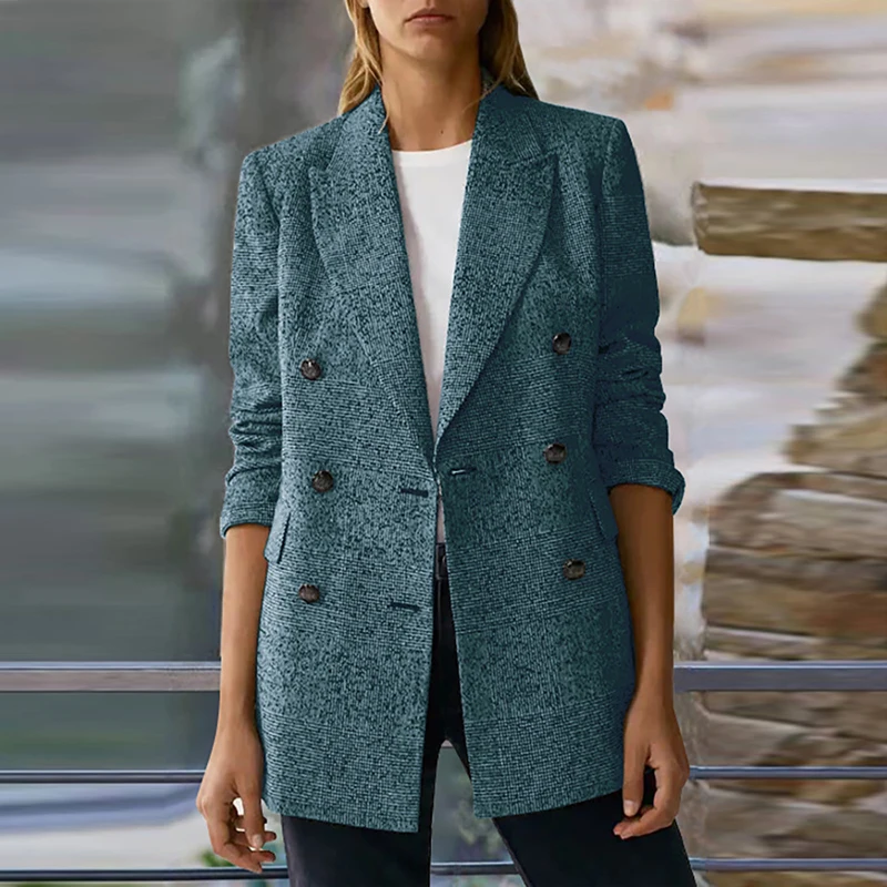 

Женский двубортный Блейзер на пуговицах, однотонная верхняя одежда в стиле Харадзюку, элегантные офисные топы с отложным воротником, куртк...