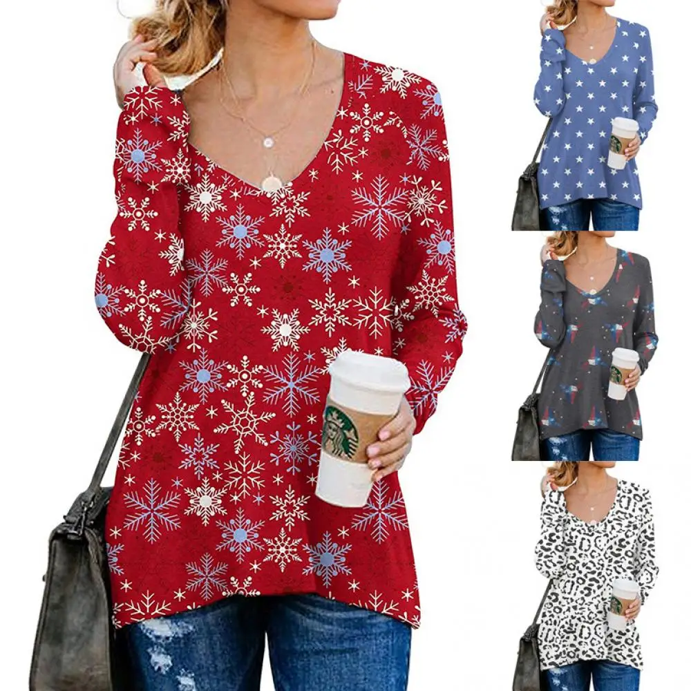 

2021 Autumn and Winter New Women's Double Side Zipper V-Neck Printing Stitching Loose Pullover Women's Long-Sleeved T-Shirt