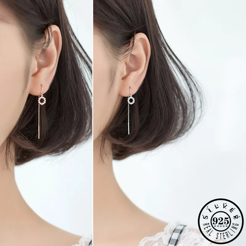 925 Sterling Silver Cubic Zircon Round Shape Statement Long Chain Rose Gold Color Plated Dangle Drop Earrings for Women | Украшения и