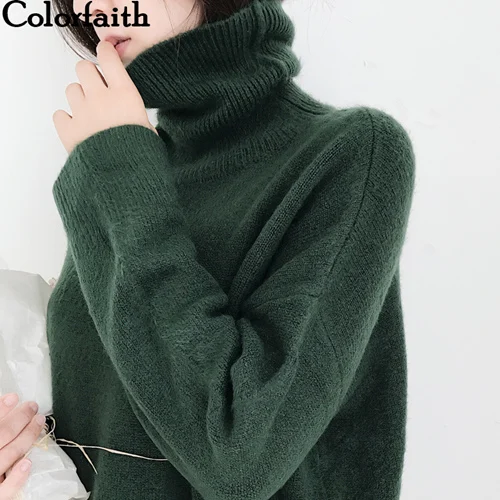 Зеленый Colorfaith, Женский пуловер, свитер, вязанный, Осень-зима, Повседневный, Одноцветный, водолазка, Ретро стиль, для девушек, толстые топы, SW1027 - Цвет: Зеленый