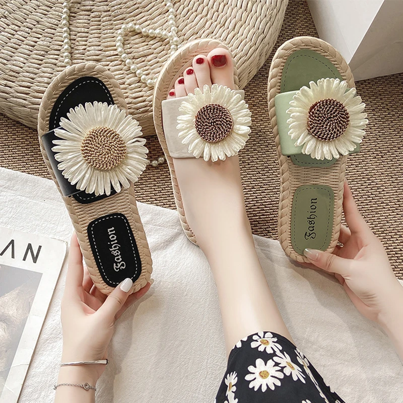 

Shoes Women Slippers Casual Slides Flower Pantofle Low Soft Luxury Flat 2021 PU Rubber Basic Floral Fashion Slippers Casual Flo