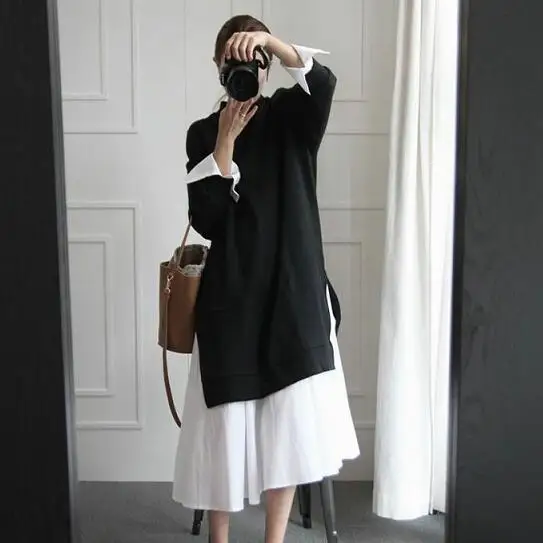 2020 Новинка весны однотонные Цвет с круглым вырезом и длинными рукавами черный