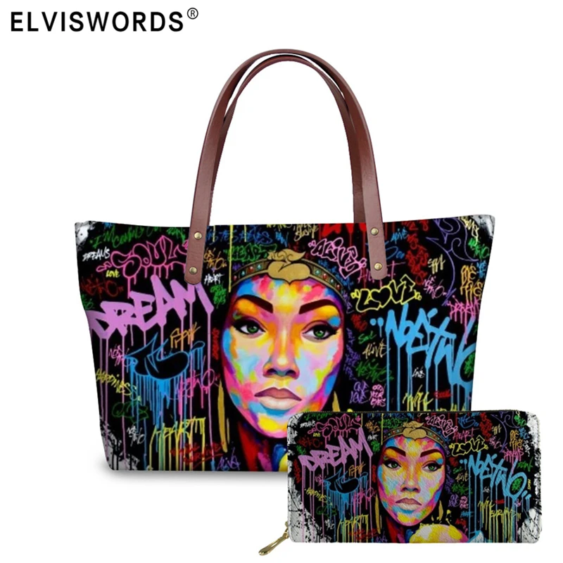 ELVISWORDS Black Art African Girl Printing Lady Shoulder Bags Female Large Totes Bags Women Purse and Handbags Set Bolsos Mujer