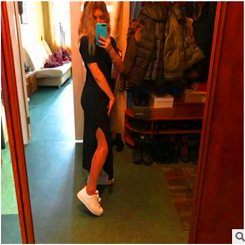 Женская длинная футболка с Боковым Разрезом черная тонкая коротким рукавом лето