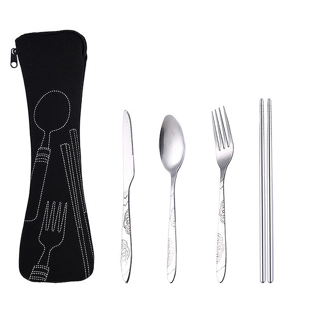 4 piece set Столовая посуда Нержавеющая сталь, столовая ложка, вилка, палочки для еды набор столовой посуды путешествия кемпинга Ourdoor столовые приборы инструменты комплект переносной посуды - Цвет: 4 piece set