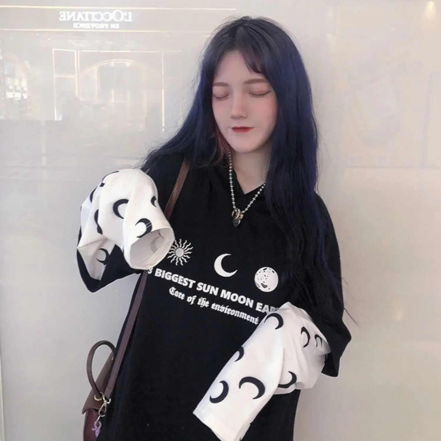 Harajuku уличная Винтажная Футболка для женщин, одежда, осень, корейский Ulzzang, с принтом, с капюшоном, Футболки женские, полный поддельные два топа