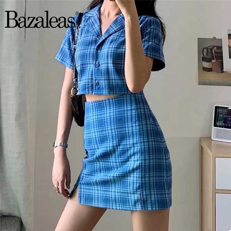 Уличная одежда Bazaleas клетчатый синий короткий топ и мини-юбка женский костюм в