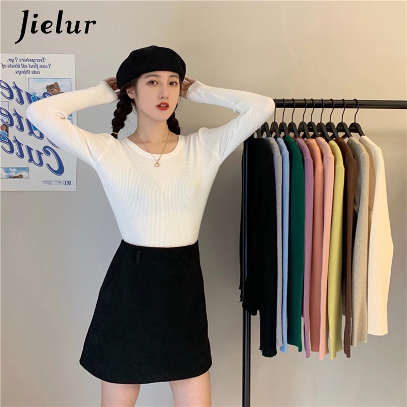 

Jielur O-neck Sweater Women Autumn Winter Solid Color Pullovers Basic Primer Pull Femme Chic Jumper Soft Slim Knitted Sweaters