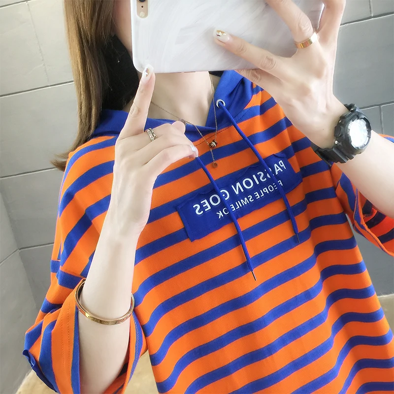 

Women's T-shirt Cotton Letter Stripes Printed Top Leisure Tops Hooded T Shirt Fashion Tees Short Sleeve Plus Size Korean