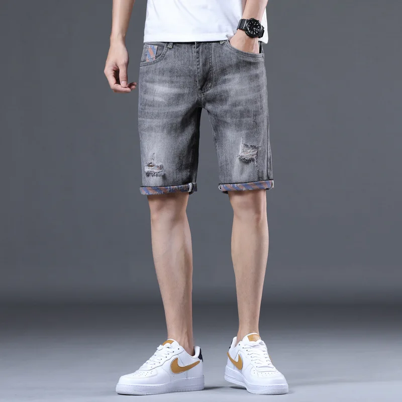

Summer thin Jean shorts men wear out printed slim quarter length trousers for men