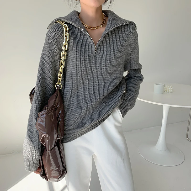 

Chic Turtleneck Knitted Women Zipper Sweaters Full Sleeve Loose Female Pullovers Jumpers 2022 Autumn Winter Thick Knitwear S154