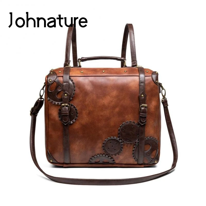 Johnature Retro High Quality Pu Leather Women Backpack 2022 New Multifunctional Large Capacity Shoulder Bags Laptop Backpacks