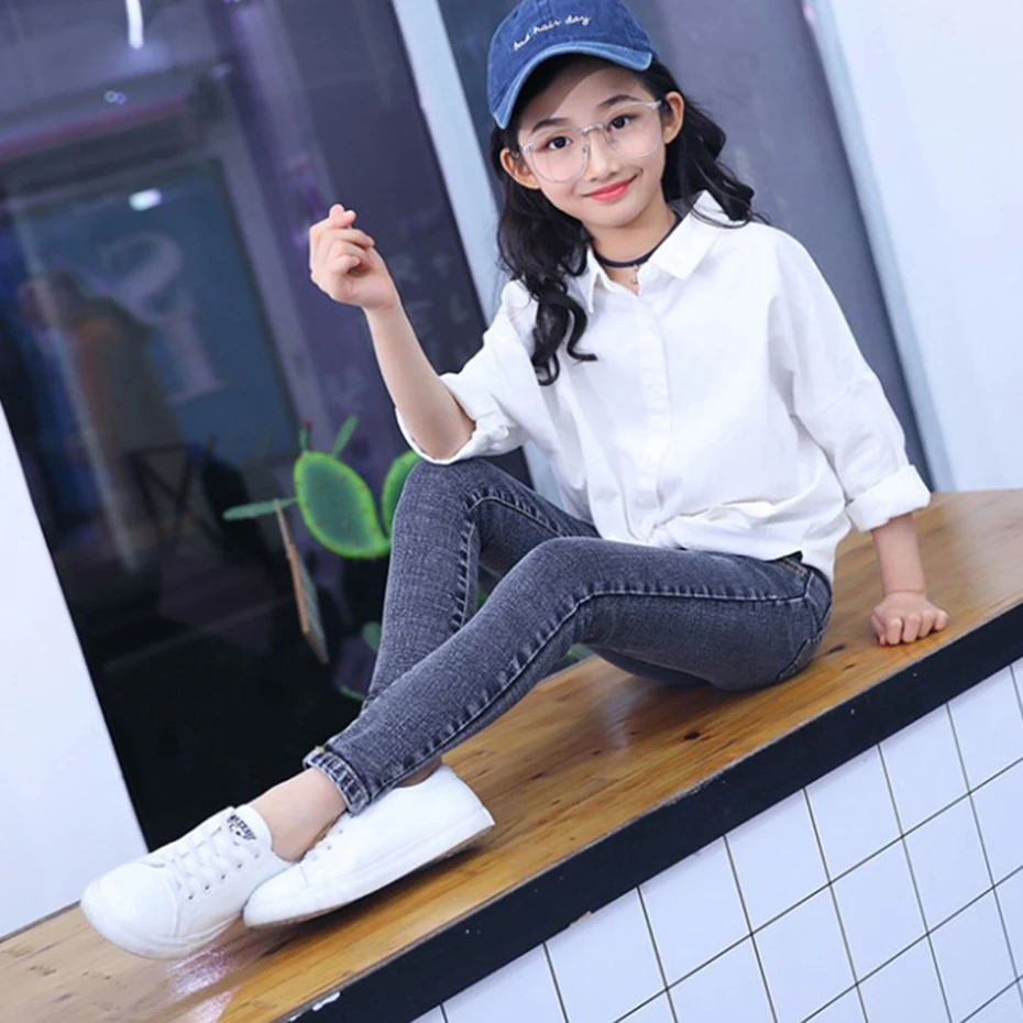 Джинсы для девочек узкие брюки карандаш детские джинсы с эластичным поясом