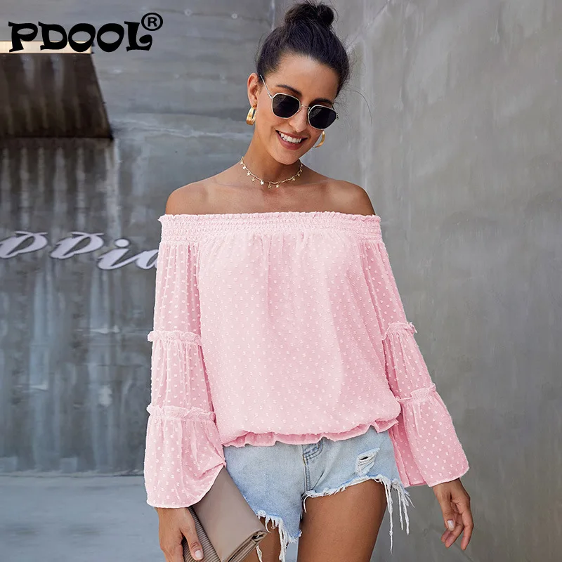 

Chiffon Women's Spring and Summer 2021 European and American New Sexy Off Shoulder Straight Neck Trumpet Long Sleeve Top Women