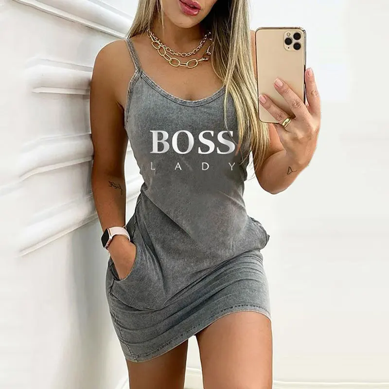 

Summer Women Casual Sleeveless Spaghetti Strap V-Neck Floral Pocket Design Letter Pattern Print Backless Denim Dress