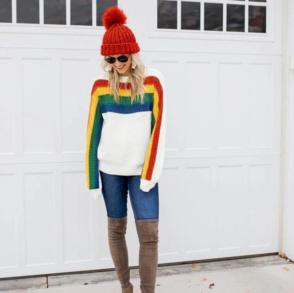 Пуловер женский зимний в радужную полоску с круглым вырезом и длинным рукавом |