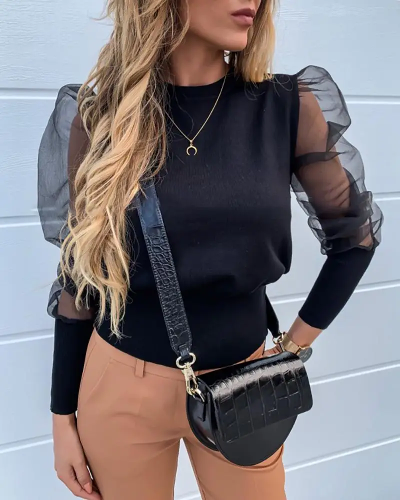 New Fashion Women's Turtleneck Long Mesh Puff Sleeve T Shirt Solid Color Slim Tops Ladies Casual Tee Party Wear Summer | Женская