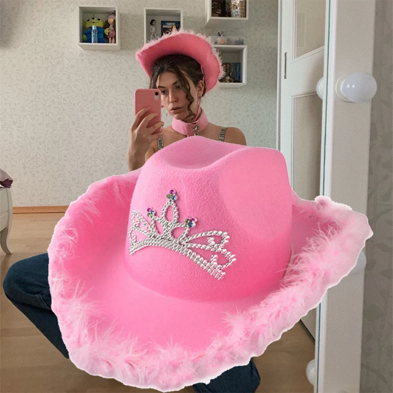 

Кепка Cowgirl в западном стиле женская, модная розовая вечерняя Кепка с широкими полями и короной с блестками, тиара, праздничная шапка для кост...