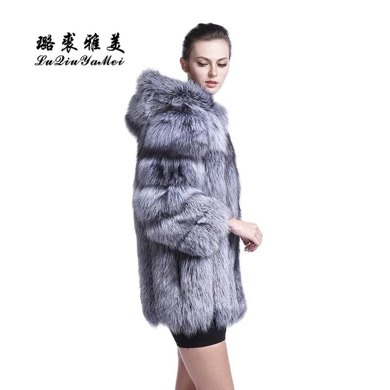 LM 2020 High Quality Fox Fur Coat Long Fox Warm Women Coat Winter Fashion Genuine Leather Fox Furs With Fur Hood Women's Coat enlarge