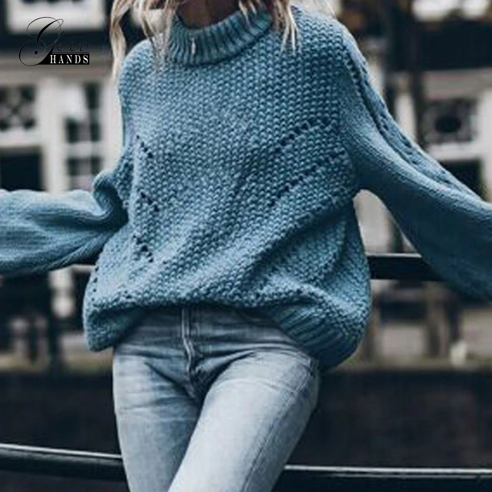 Gold Hands Women's Sweaters Autumn Warm Ladies Pullovers Hollow Out Loose Knitted Lantern Sleeve Solid Pullover Sweater Female | Женская