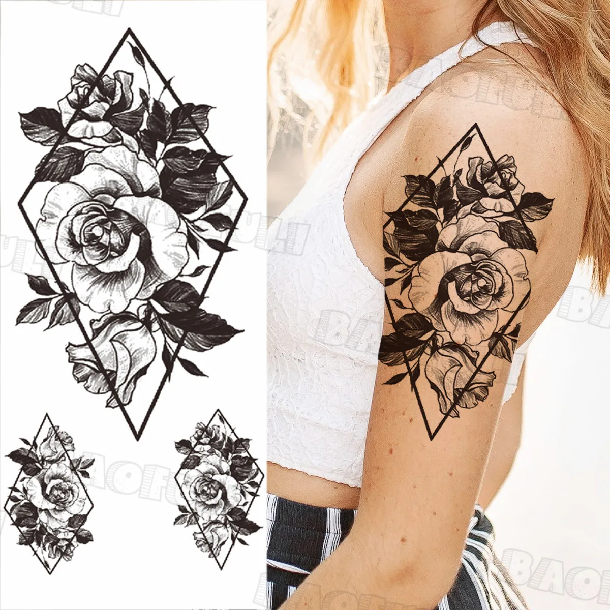 Реалистичные Временные татуировки русалки для женщин девушек геометрия роза
