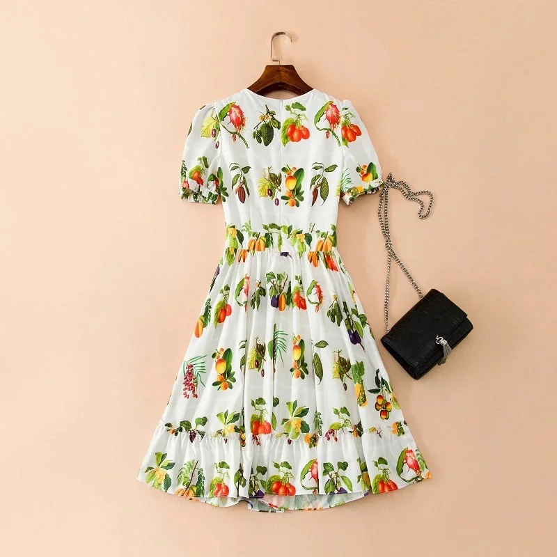 

2020 Summer Hot Sale High Quality Ladies Sexy Square Collar Sweet Fruit Print Short Sleeve Slim Fit A-Line Casual Dress