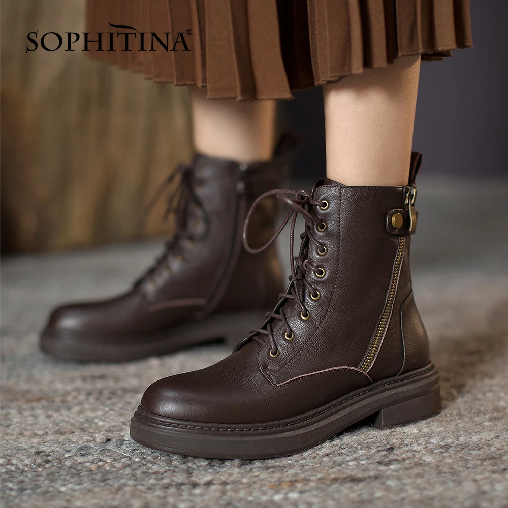 

SOPHITINA Basic Ankle Boots Women Shoes Round Toe Cross Straps Non-slip Flat Bottom Comfort Premium Leather Female Boots HO433