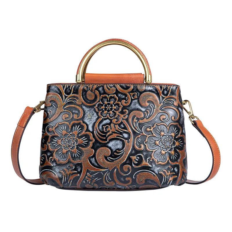 

Luxury Ladies Handbags Retro China Style Genuine Cow Leather Handbags Traditional Embossing Handmade Shoulder Bag