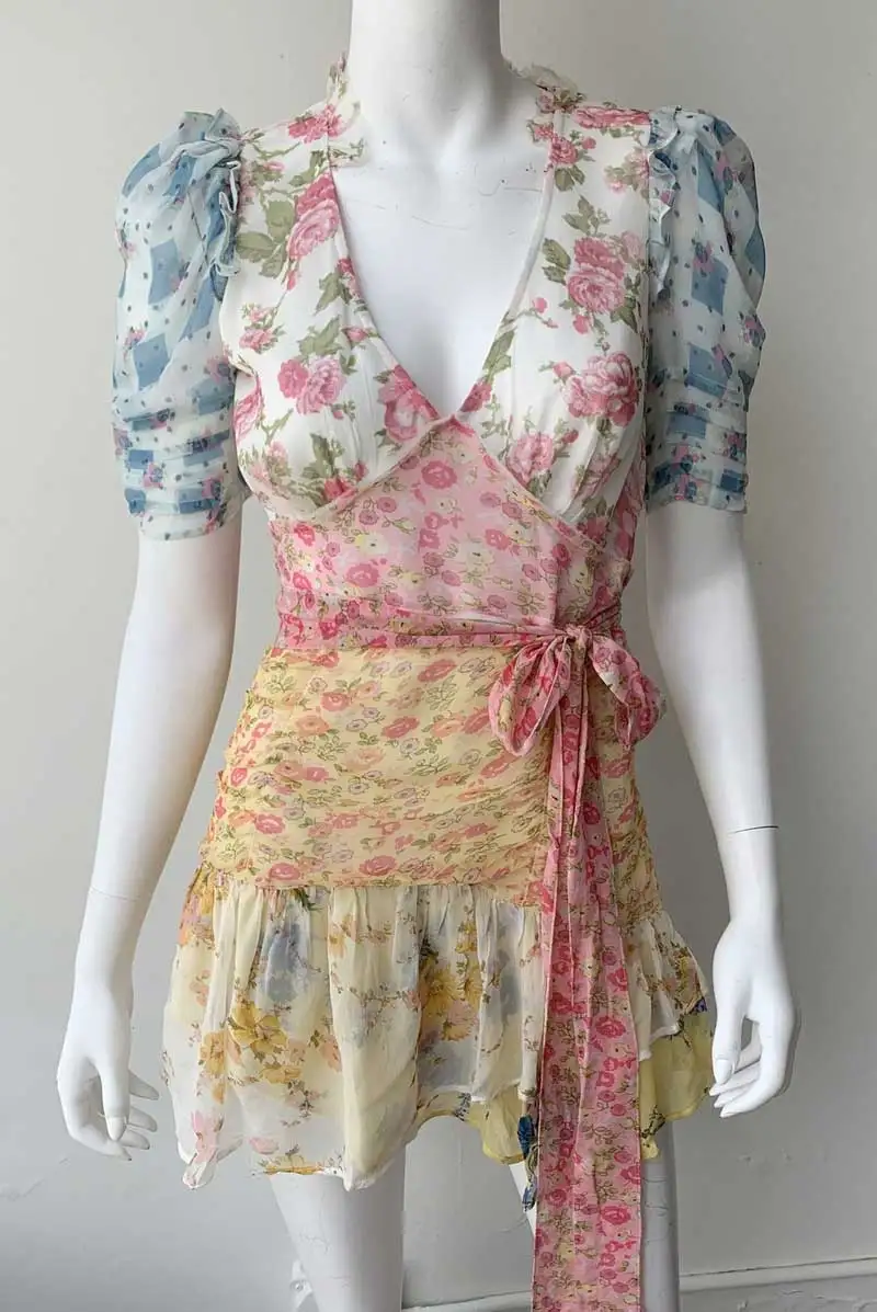 

Boho Inspired belted patchwork floral print mini dress for women asymmetric ruffled sexy party dress puff sleeve summer dress