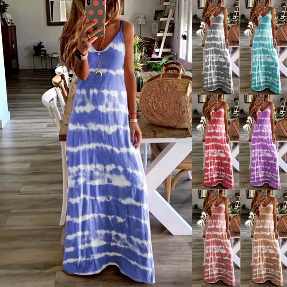 

Spring Summer Ladies Casual Loose Polyester Sleeveless V Neck Robe Tie Dye Long Vest Beach Sling Dresses for Women 2021