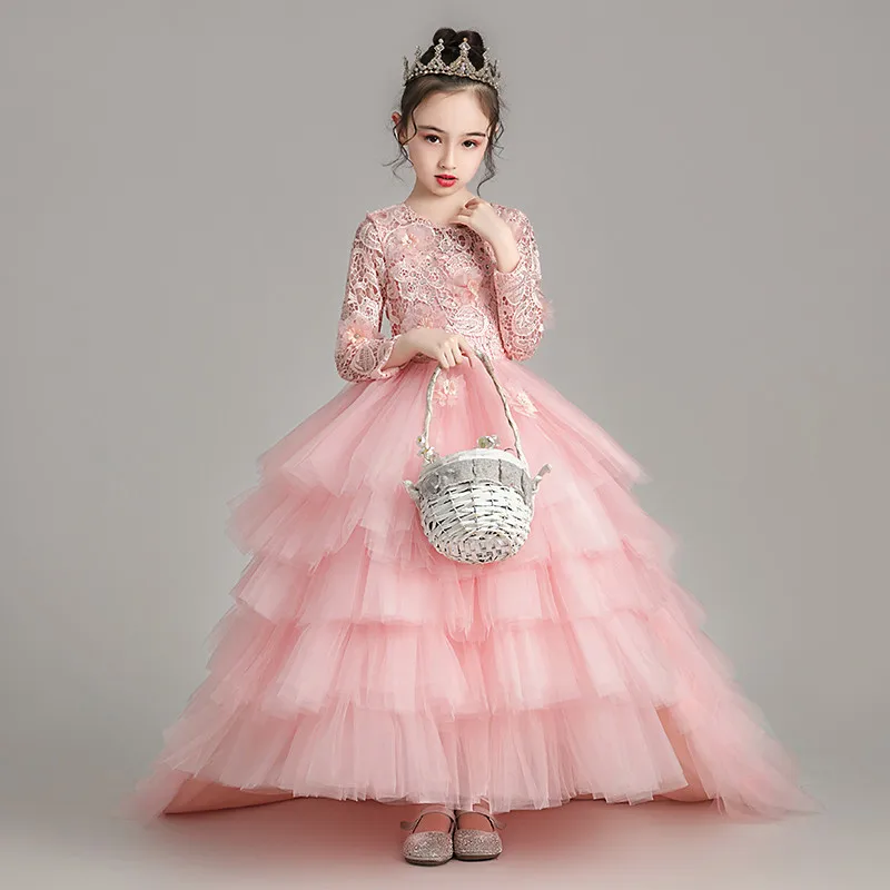 Children Flowers Girls Elegant Sweet Pink Color Birthday Party Princess Lace Dress Model Show Catwalk Piano Host Layers Dress