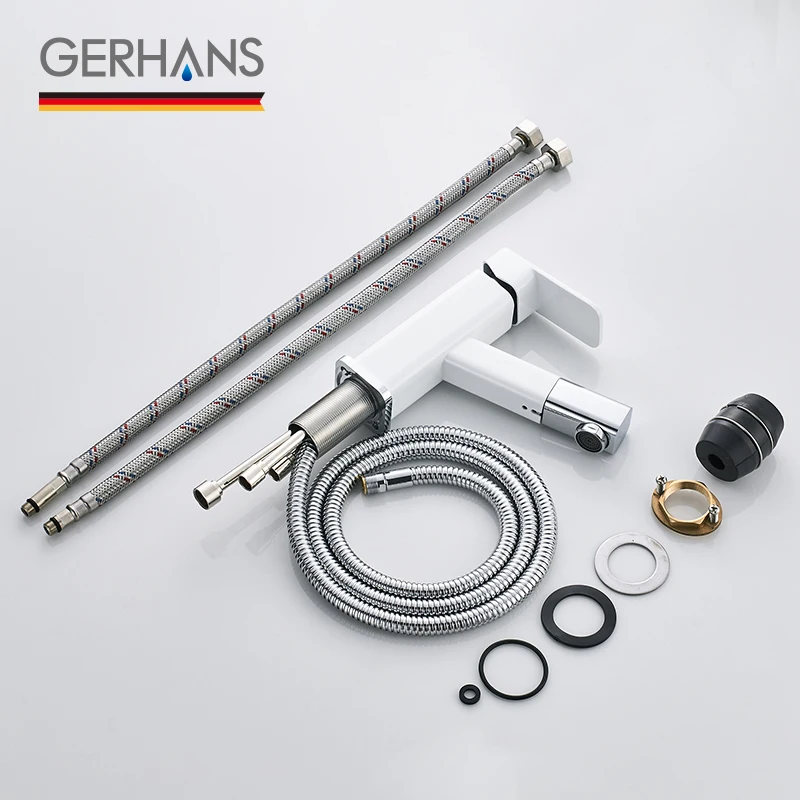 GERHANS Faucet K11016W Смеситель для умывальника с выдвижной лейкой Цвет: Белый+Хром |