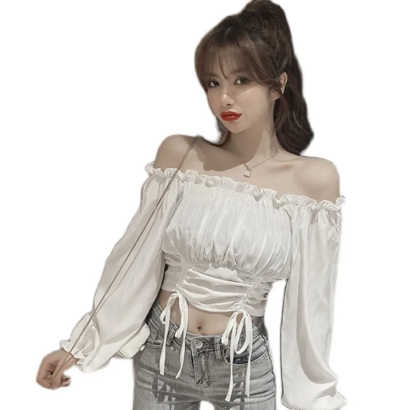 

Hipster Autumn Style Crop Top Long Sleeve Women Blouses Fashion Brand Slash Neck Shirts Ladies Off Shoulder Lace-up Korean New