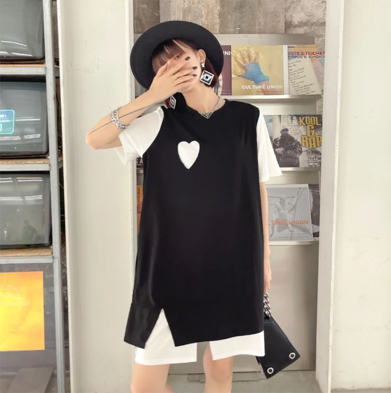

Женская футболка с коротким рукавом, свободное тонкое платье составного кроя с принтом сердца, в японском и южнокорейском стиле, летний сез...