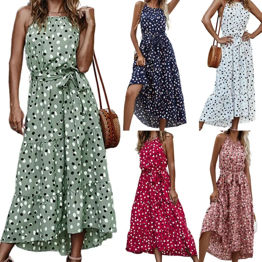 

Women Dot Print Ruffle Hem Halter Sleeveless Midi Dress Streetwear for Vacation Midi Dress Streetwear for Vacation Women Dress