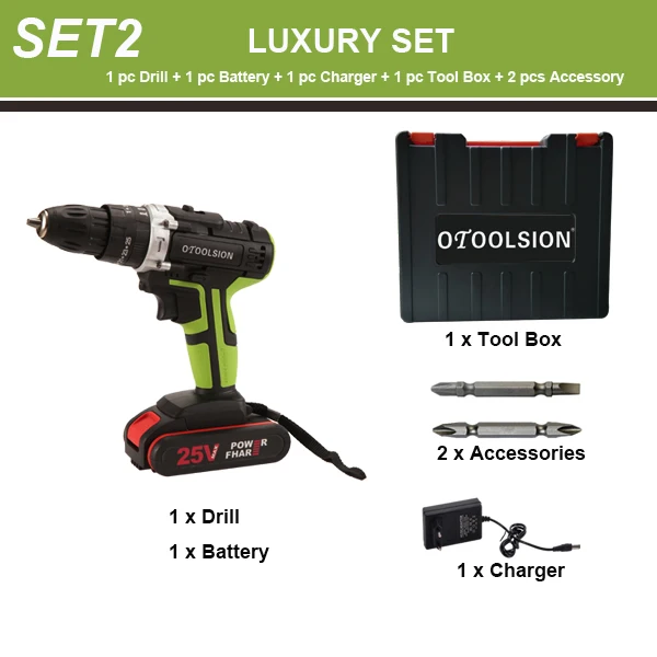 SET2 (1 pc Battery) 25 в ударная электрическая отвертка 1600 об/мин 25+ 3 крутящий момент ударная электрическая дрель молоток электроинструменты с бурильными частями - Цвет: SET2 (1 pc Battery)