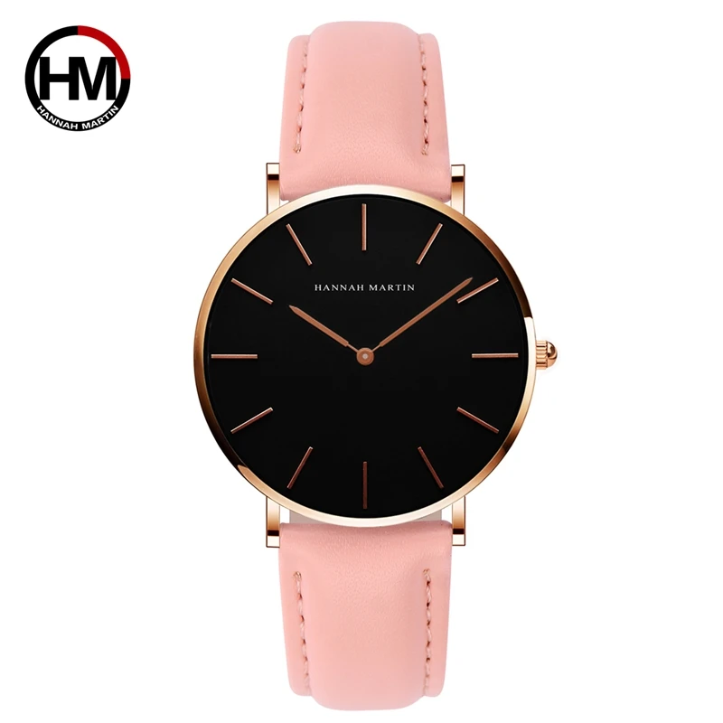 

Hannah Martin Fashion Quartz Wrist Watches For Women Rose Gold pink Simple Female Watch Leather Waterproof Ladies Watch Relogio