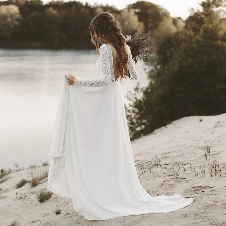 Lace Long Sleeve Boho Pre Wedding Shoot Dress Beach A Line Backless Customized Bridesmaid Gowns Factory 2021 New Spring #3049