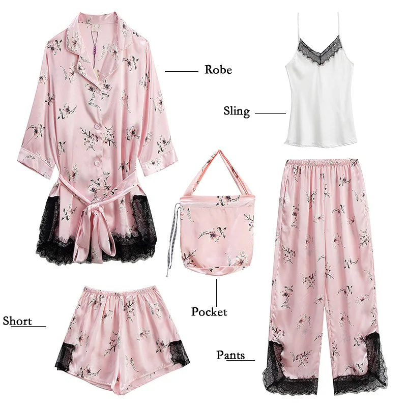 Привлекательные пижамные комплекты атласные шелковые пижамы 5 шт. женские